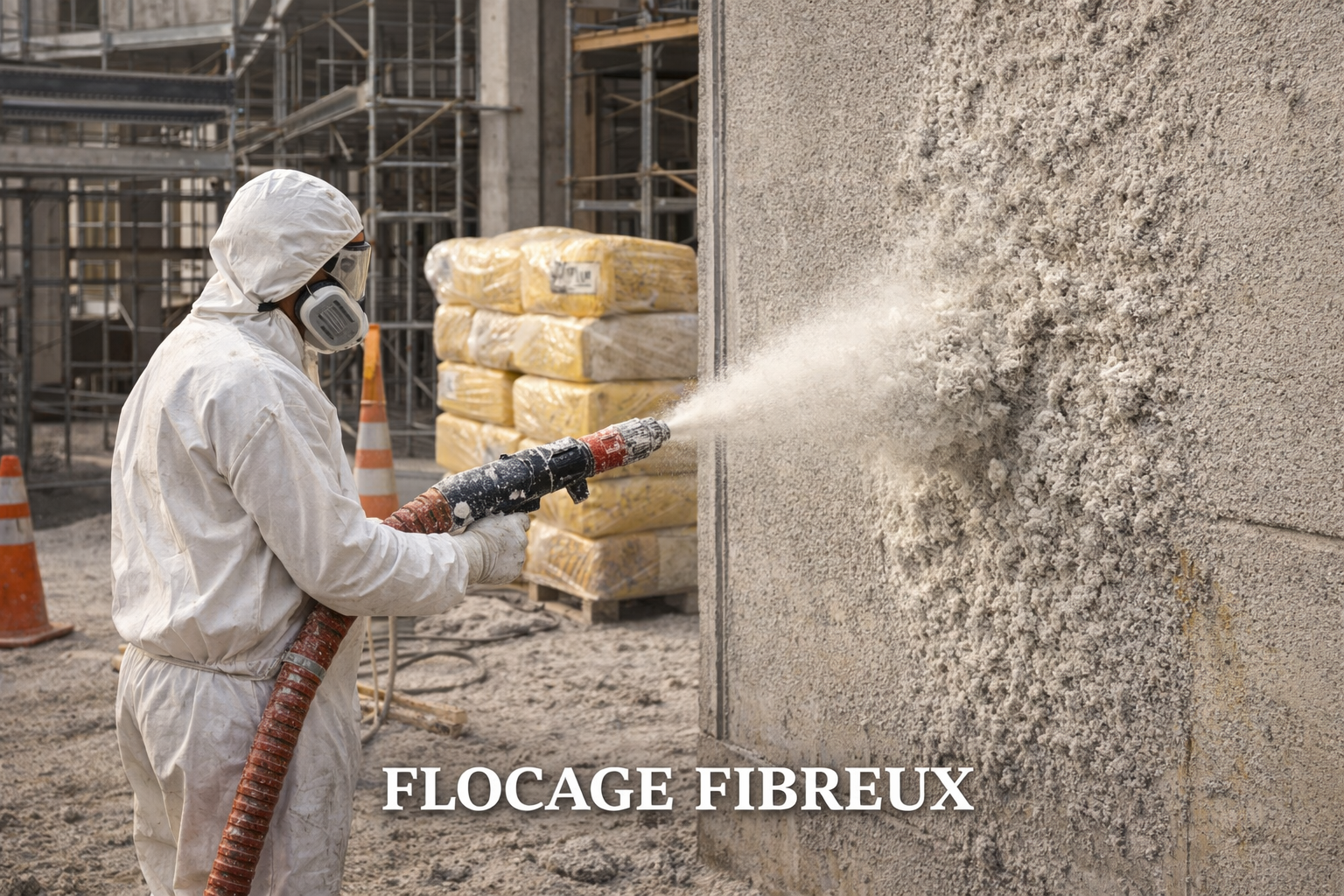 Flocage fibreux projeté laine minérale - Chantier industriel