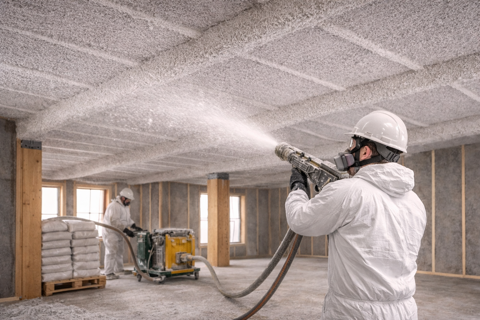 Application de flocage coupe-feu sur plancher mixte bois plâtres lattis