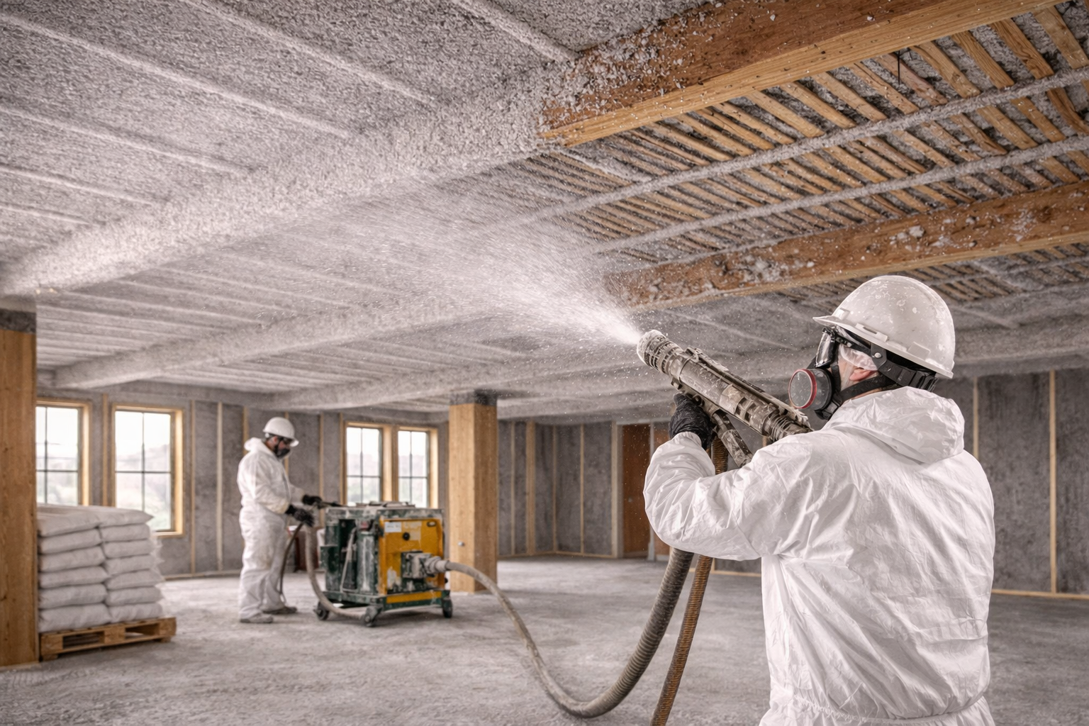 Chantier de flocage coupe-feu sur plancher mixte bois plâtres lattis