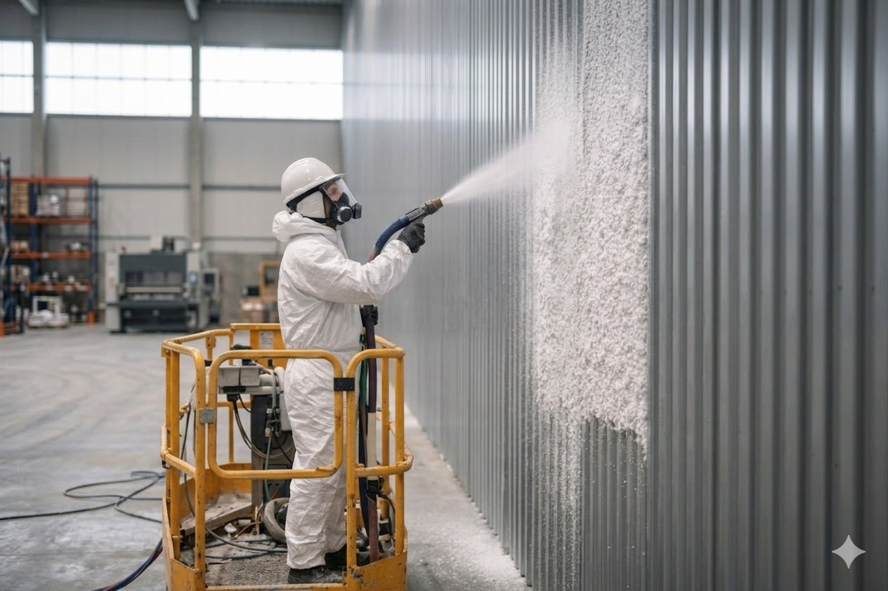 Projection de flocage coupe-feu sur façade métallique avec nacelle