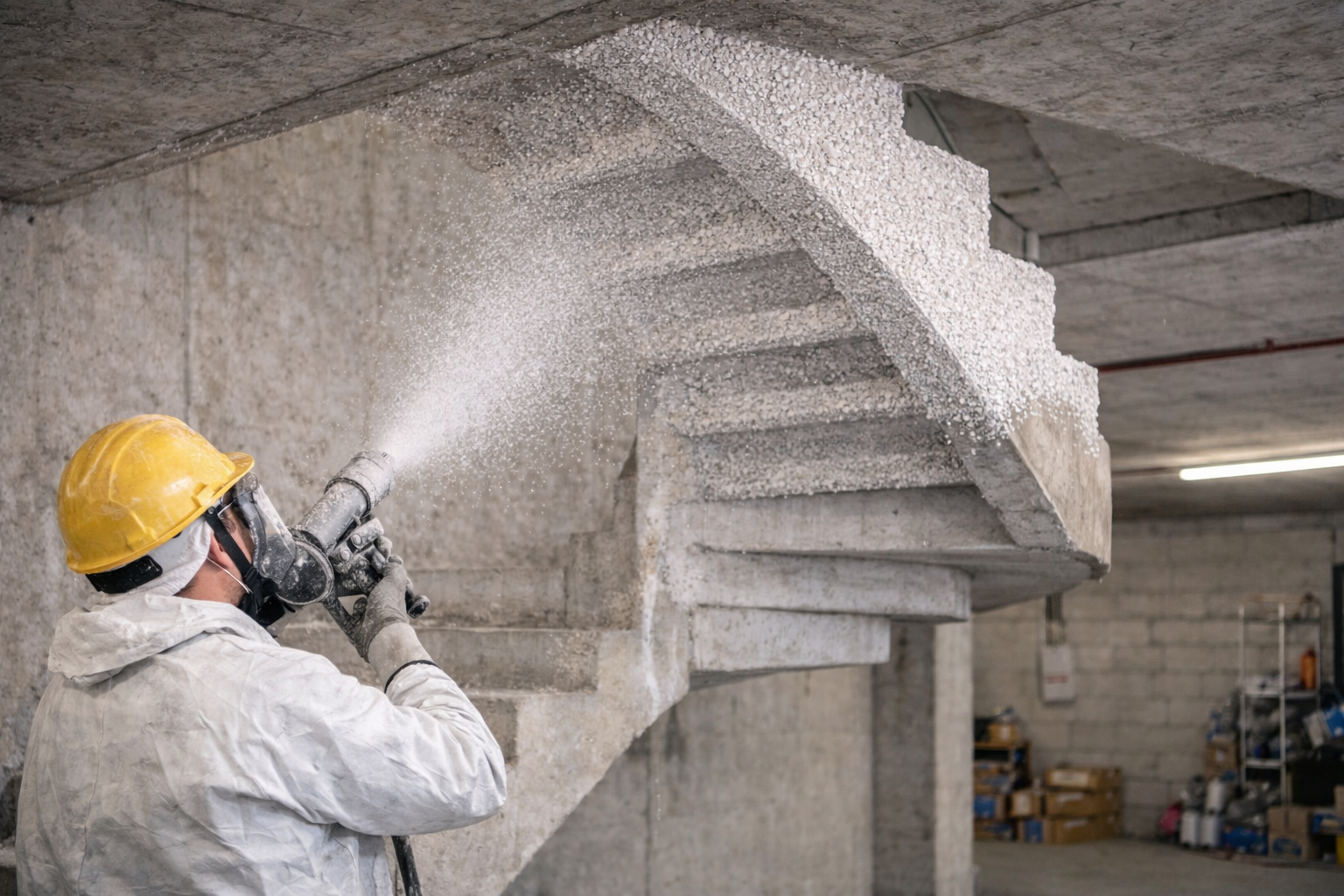 Projection flocage coupe-feu sur béton