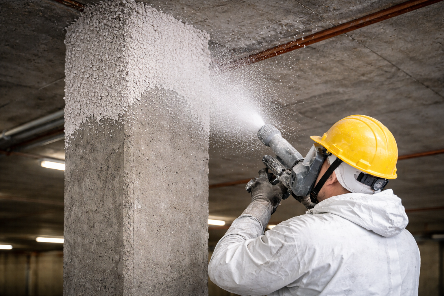 Flocage sous-face plancher béton protection incendie